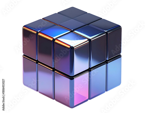 Metallic, reflective cube puzzle with gradient shading against black