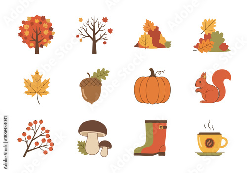 A vibrant collection of autumn season flat icons, including a colorful tree, falling leaves, a pumpkin, an acorn, a squirrel, and a warm beverage