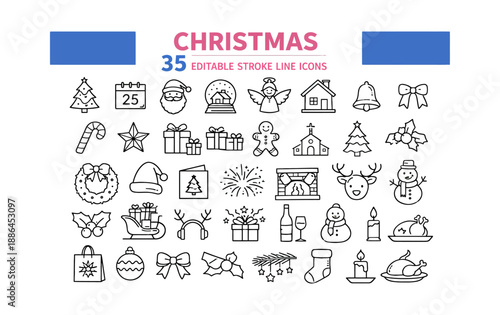 Line art Christmas icon set featuring Santa Claus, Christmas trees, gifts and a snowman for holiday design