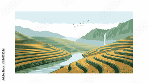 Serene landscape of rice terraces with a winding river and distant mountains under a cloudy sky with a flock of birds flying overhead.