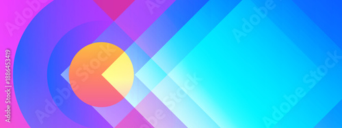 A high quality digital art background featuring a mix of colorful geometric circles and sharp angular overlays with a vibrant purple and blue color palette