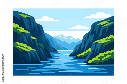 Flat illustration of a majestic fjord landscape depicting serene blue water surrounded by steep mountains for nature tourism concepts