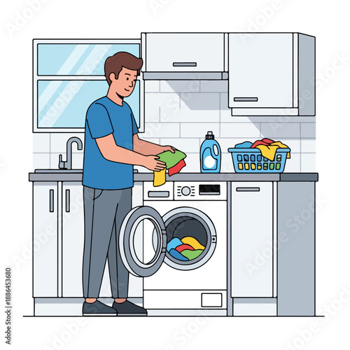 Man Doing Laundry in Utility Room.