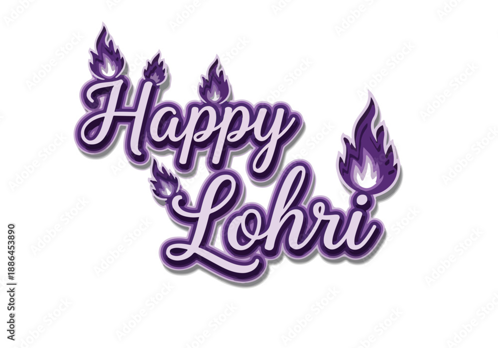 Fototapeta premium Happy Lohri Purple Script Typography with Lit Diya Flames Vector
