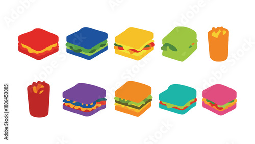 A colorful illustration of various fast food items on a white background