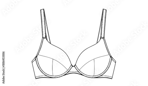 Push up bra outline technical sketch black and white vector illustration