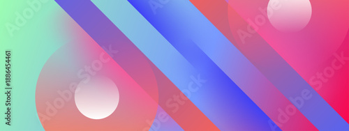 Sharp diagonal stripes overlapping with translucent circular shapes in a bold blue and red color palette