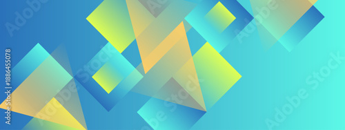 Dynamic overlapping squares and triangles in shades of blue and yellow with transparency effects for innovative technology branding
