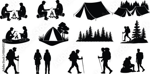 Camping and hiking silhouette set, outdoor adventure people, tents campfire forest trekking backpackers, black vector illustration collection isolated on white
