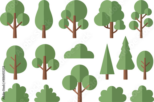 A diverse collection of stylized flat design trees and bushes, a vector set of simple forest and park plant elements for nature-themed graphic projects