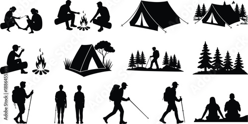 Camping and hiking silhouettes collection, outdoor adventure activities, tents campfire backpackers trekking forest, black vector illustration set isolated on white