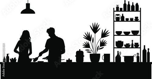 Couple cooking together in modern kitchen interior silhouette, man and woman preparing food with shelves, plants, pendant light, black vector illustration