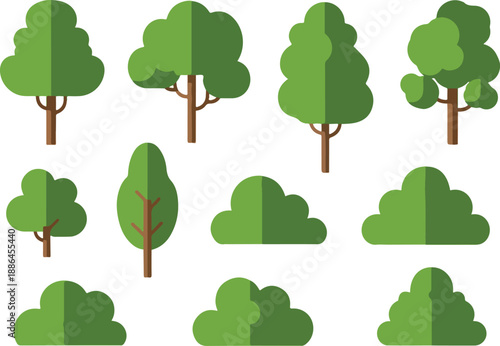A versatile vector collection of stylized flat design trees and bushes, isolated graphic elements for landscape or nature-themed projects
