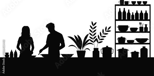 Couple cooking together in modern kitchen silhouette, man and woman preparing food with utensils and shelves, minimalist black vector illustration isolated on white background