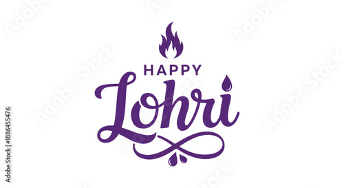 Happy Lohri Purple Calligraphy Text with Flame Icon Vector