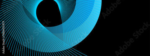 Elegant cyan blue thin spiral lines forming a rhythmic wave pattern on a deep black background
