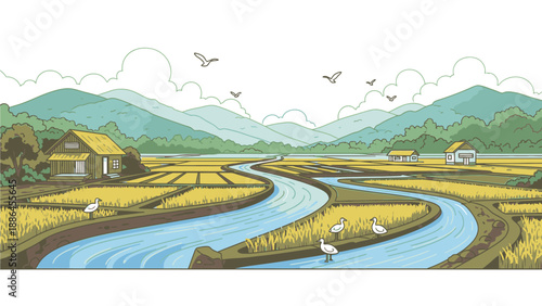 Serene landscape of a winding river through golden fields with a rural house and distant mountains under a cloudy sky with flying birds.