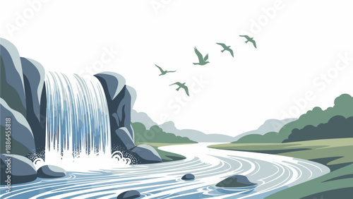 Illustration of a serene waterfall cascading into a river with birds flying overhead in a natural landscape with lush greenery and a clear sky.