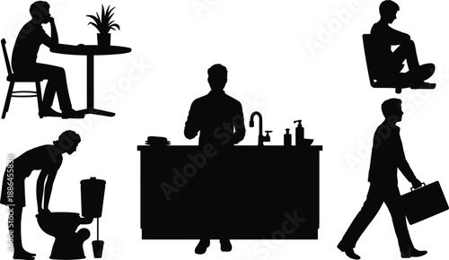 Daily life human activity silhouettes showing working at table, resting, kitchen sink tasks, bathroom cleaning, walking with briefcase, minimalist black vector illustration set