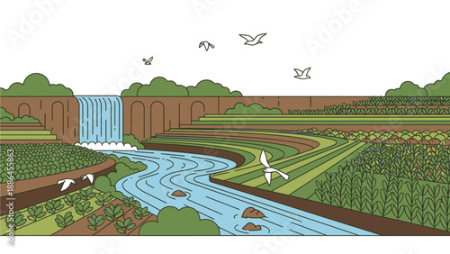 Illustration of a serene landscape with a river flowing through a farm with a waterfall and wind turbines in a natural setting.