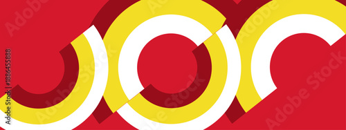 Bold red background featuring overlapping yellow and white geometric circular arcs for a high impact visual design