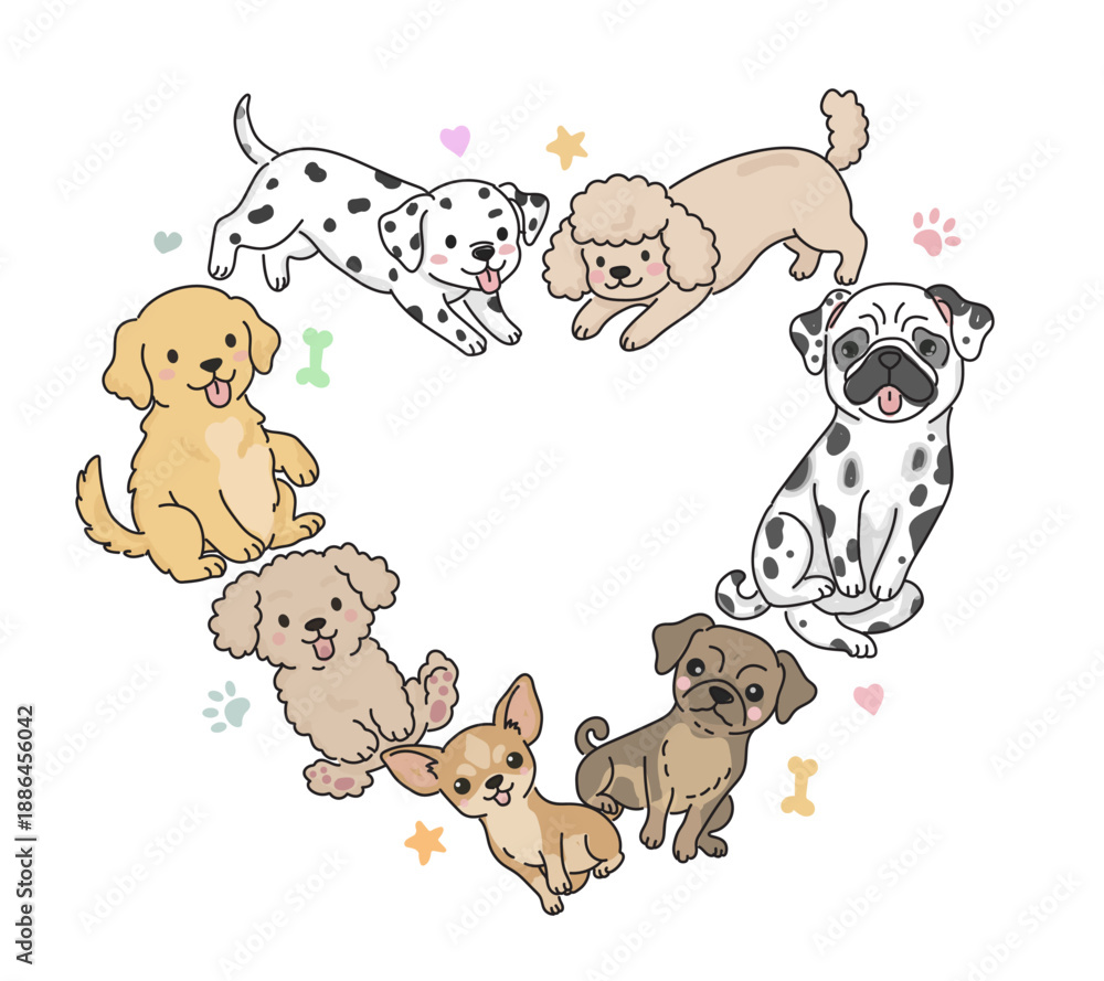 Fototapeta premium Cute Dogs Heart Shape Collection Hand Drawn Vector Illustration