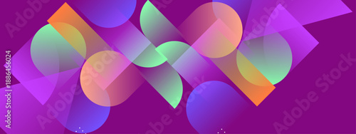 Dynamic purple and violet background featuring a complex composition of colorful translucent geometric shapes and curves