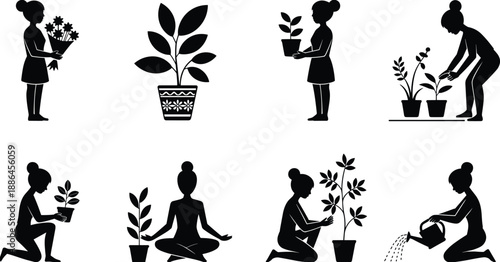 Female gardening silhouettes collection, women planting flowers and caring houseplants, home garden activities, eco friendly lifestyle, wellness concept, nature care vector illustration