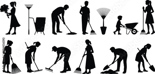 Garden cleaning and gardening silhouettes set, people raking sweeping and planting, men women and child outdoor work, black vector illustration