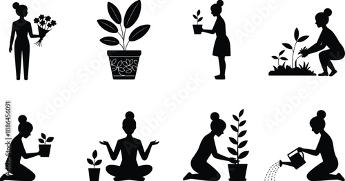Female gardening silhouettes set, women planting flowers and caring houseplants, home garden activities, eco friendly lifestyle, wellness concept, nature care illustration