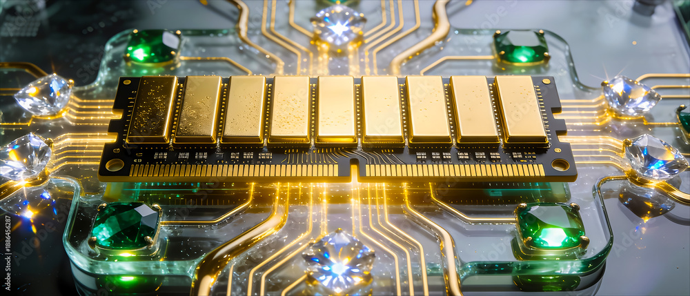 custom made wallpaper toronto digitalFuturistic view of an abstract composition of a gold high-speed memory or RAM cell with communication nodes made of sparkling diamonds, the price of developing modern technology