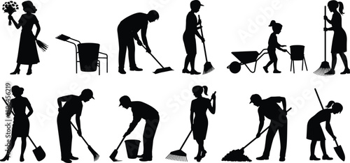 Garden cleaning silhouettes collection, people sweeping raking and shoveling, men women and child outdoor yard work, black vector illustration