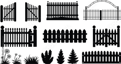 Garden fence and gate silhouettes collection with wooden picket designs, decorative borders, plants and shrubs, landscaping elements, black vector illustration isolated