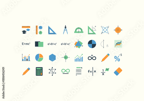Vector set Concept Flat design mathematics and education icons set, featuring geometric shapes, scientific symbols, and school tools.