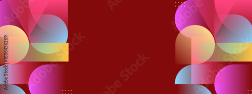 Sophisticated deep red background with decorative geometric shapes on the sides creating a frame for central content