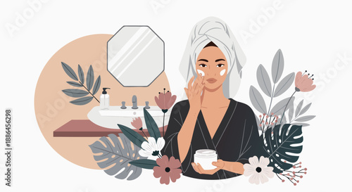 Daily Skincare Routine Vector Illustration A Woman Pampering Her Face with Cream in a Modern Bathroom Setting, Emphasizing Self-Care and Wellness