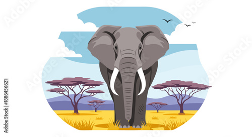 An majestic African elephant stands prominently in a vibrant savanna landscape, a stunning flat vector illustration capturing wildlife in its natural habitat