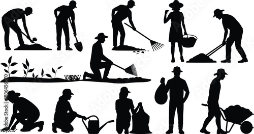 Gardeners and farmers working in fields, planting, digging, watering and harvesting crops, black silhouette vector illustration set for agriculture and rural gardening concepts