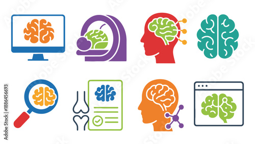 A collection of colorful brain icons and symbols on a white background