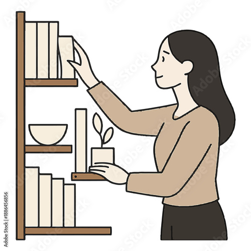 Woman aesthetically arranging books on a bookshelf, embodying order, calm, and a mindful lifestyle concept isolated white background