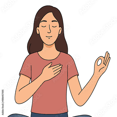 Woman practicing breathing exercise illustration for stress control, promoting relaxation and mental wellness isolated white background