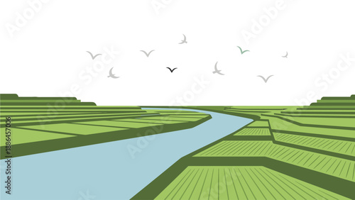 Illustration of a serene river flowing through green farmland with birds flying overhead against a white sky.