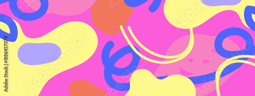 Playful pink background with blue and yellow melting organic shapes