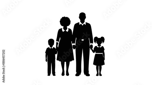 Black silhouette illustration of a family with two children standing together on a white background.
