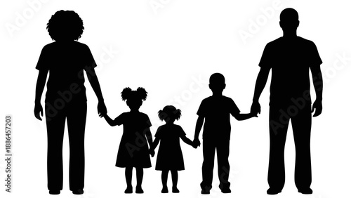 Black silhouette illustration of a family with two children holding hands, standing against a clean white background.