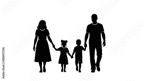 Black silhouette illustration of a family with two children walking hand-in-hand against a clean white background.
