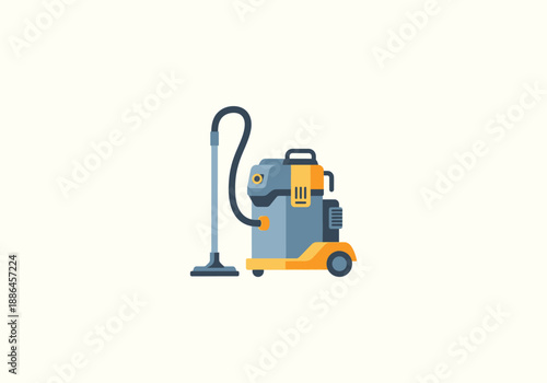 Vector set Concept Flat Illustration of a Modern Industrial Vacuum Cleaner with Hose and Wheels.