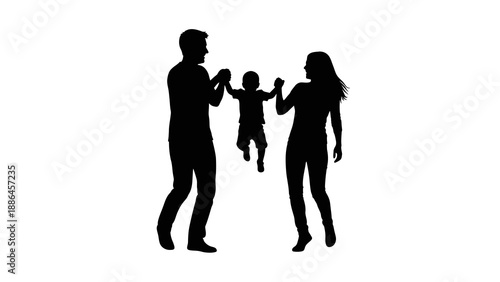 Black silhouette illustration of a family with parents and child playing together on a clean white background.