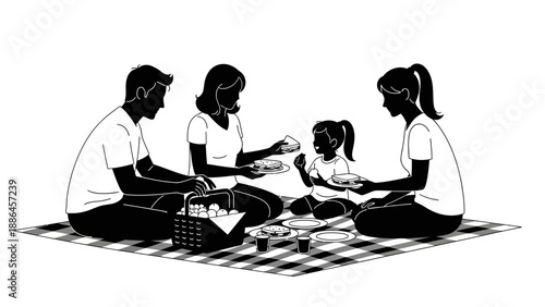 Black silhouette illustration of a family with children playing and cooking together on a picnic blanket in a simple, graphic style with a solid white background.