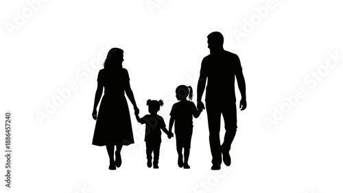 Black silhouette illustration of a family with two children walking hand in hand against a clean white background.